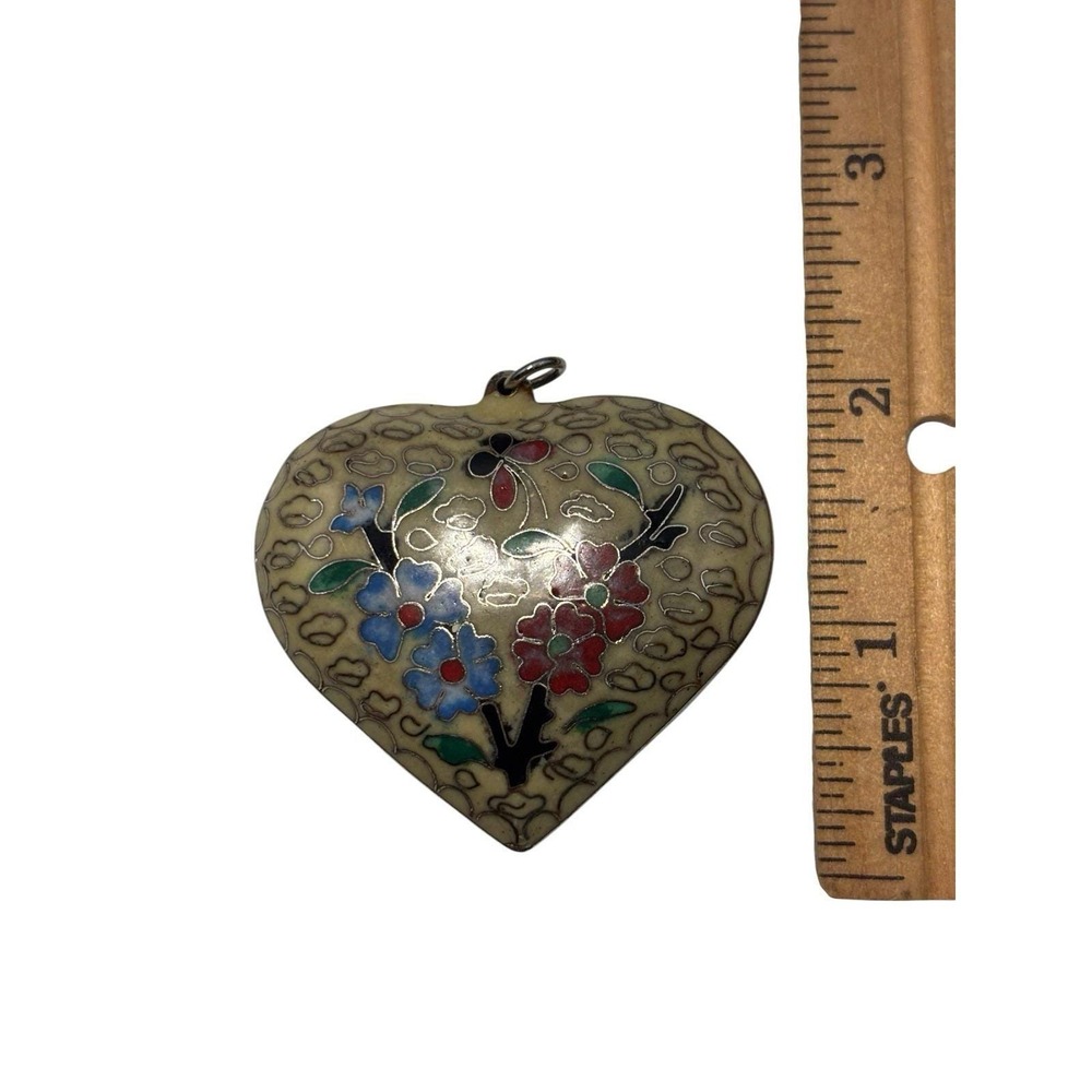 Vintage Silver Tone Cloisonne Enamel Nature Scene Puffy Heart Pendant
